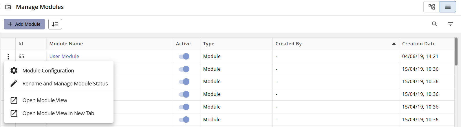 Manage modules interface displaying user module options and configuration settings.
